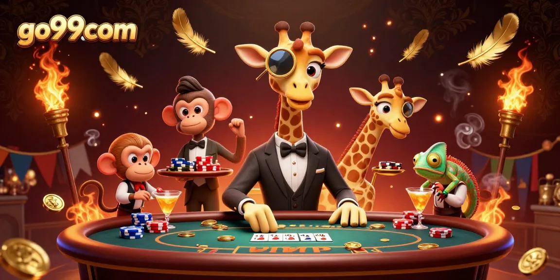 Experience high-stakes poker excitement at go99com with a lavish casino illustration featuring unique characters.