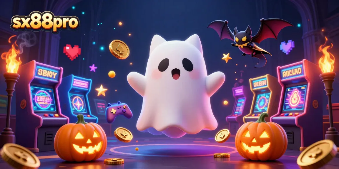 Experience the thrill of sx88pro with this vibrant 3D casino illustration featuring a ghost cat and vampire bat.