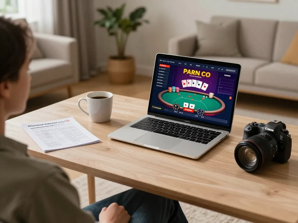 Player strategizing on 789 online poker game interface in a cozy home setting
