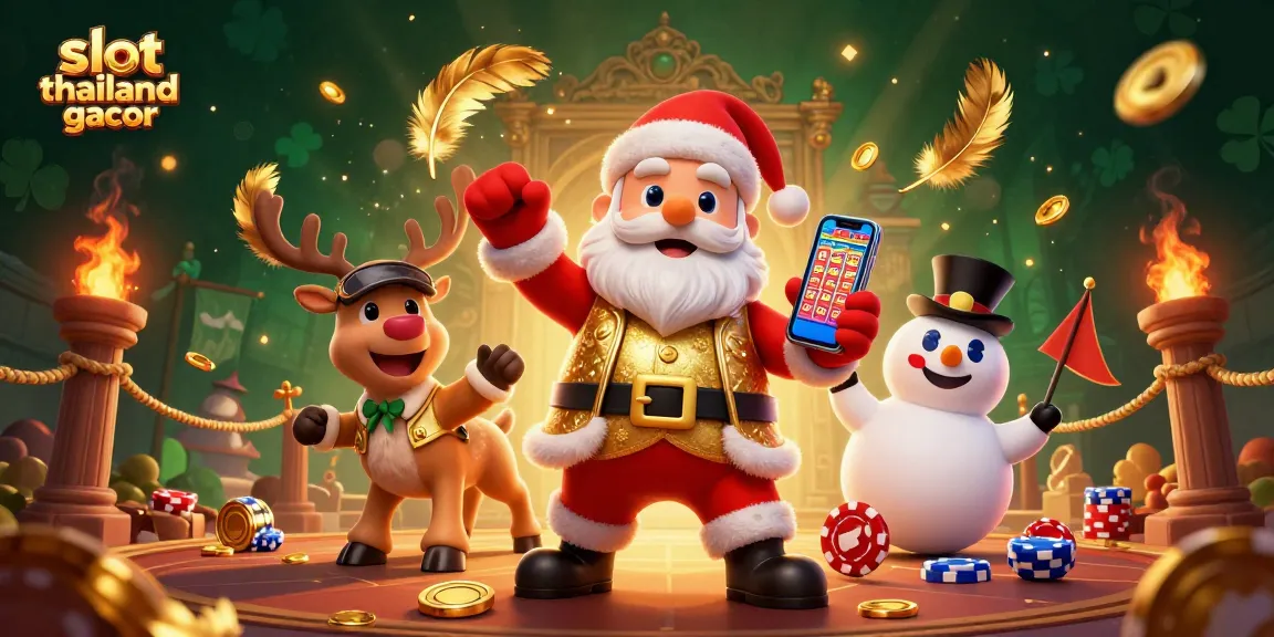 Play the best slot thailand gacor games with a festive casino scene featuring Santa, a reindeer dealer, and a poker chip snowman.