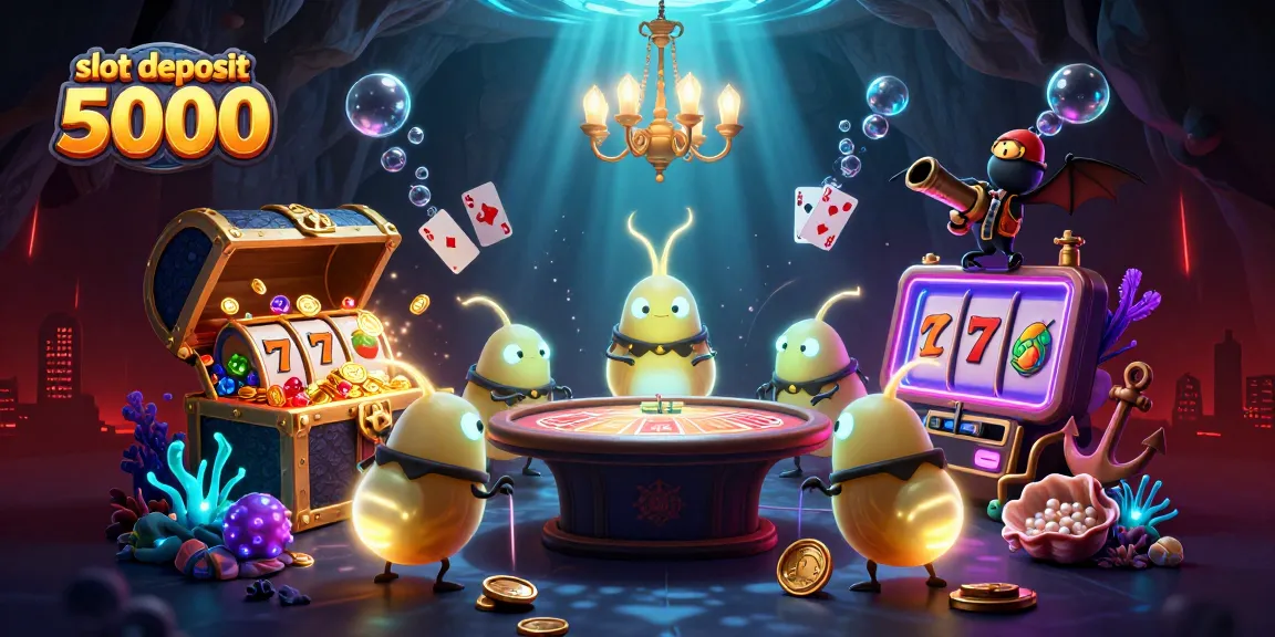 Slot deposit 5000 di bawah cahaya lampu kasino penuh warna dengan elemen permainan menarik.