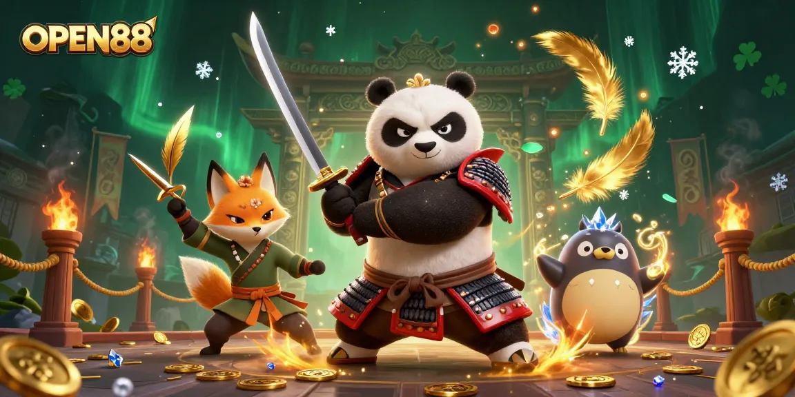 Experience gaming excitement with OPEN88's immersive action featuring a samurai panda and ninja fox.
