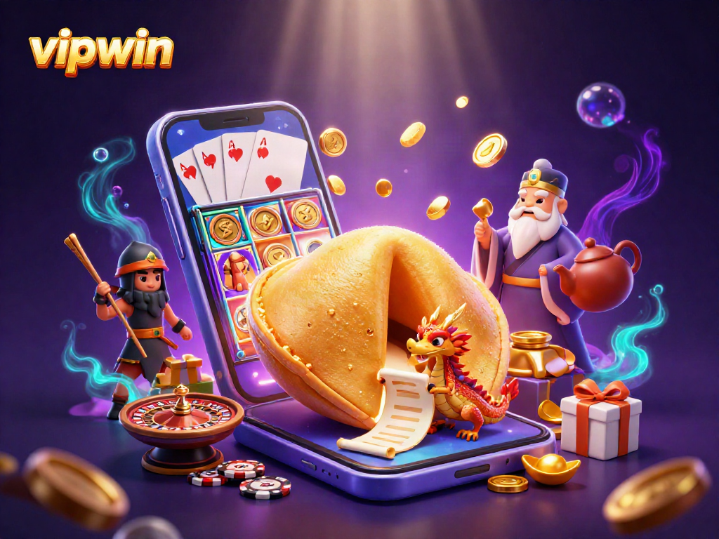 Experience gaming thrills with vipwin in this vibrant 3D illustration featuring a lucky cookie and casino elements.