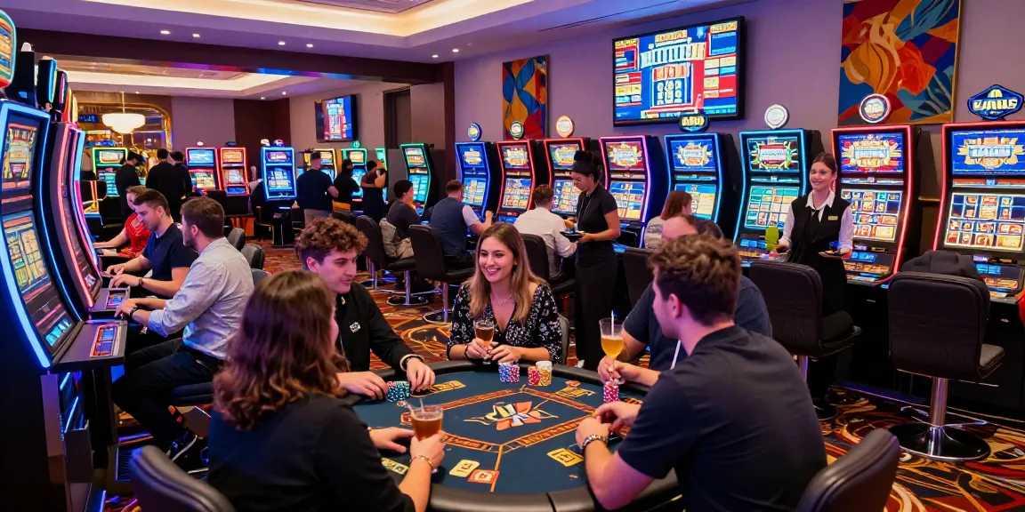 Ambiente di casinò non AAMS con giocatori entusiasti ai tavoli e alle slot machine