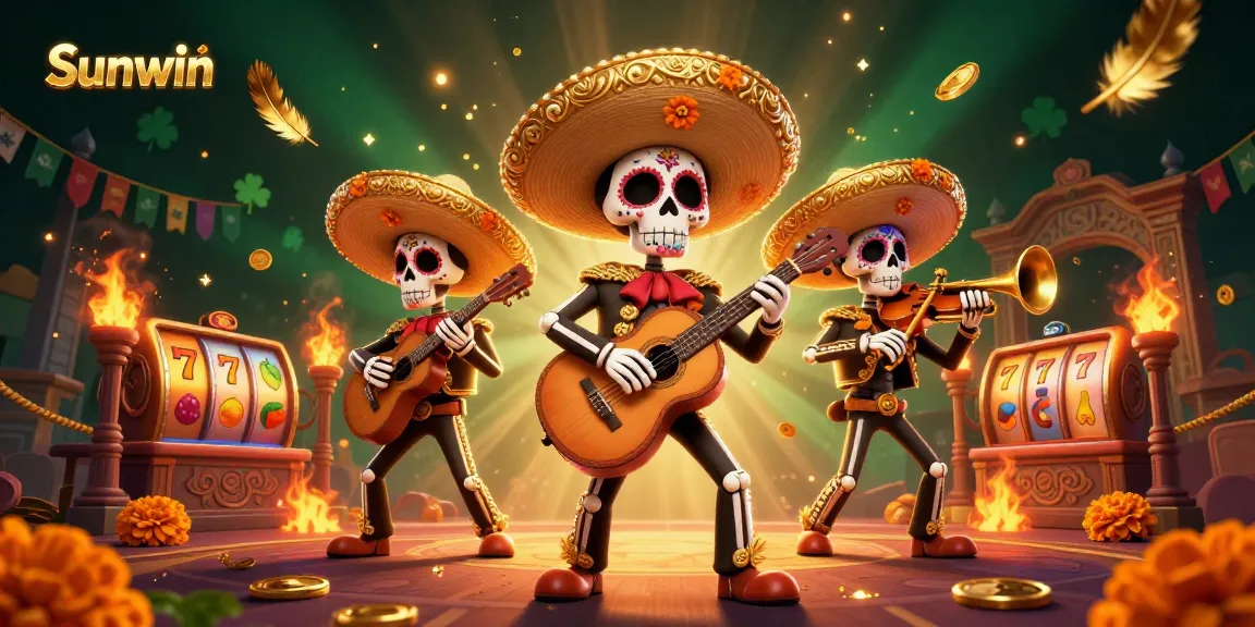 Sunwin showcases a vibrant casino scene with a Dia de los Muertos mariachi band amidst swirling golden feathers and slot reels.