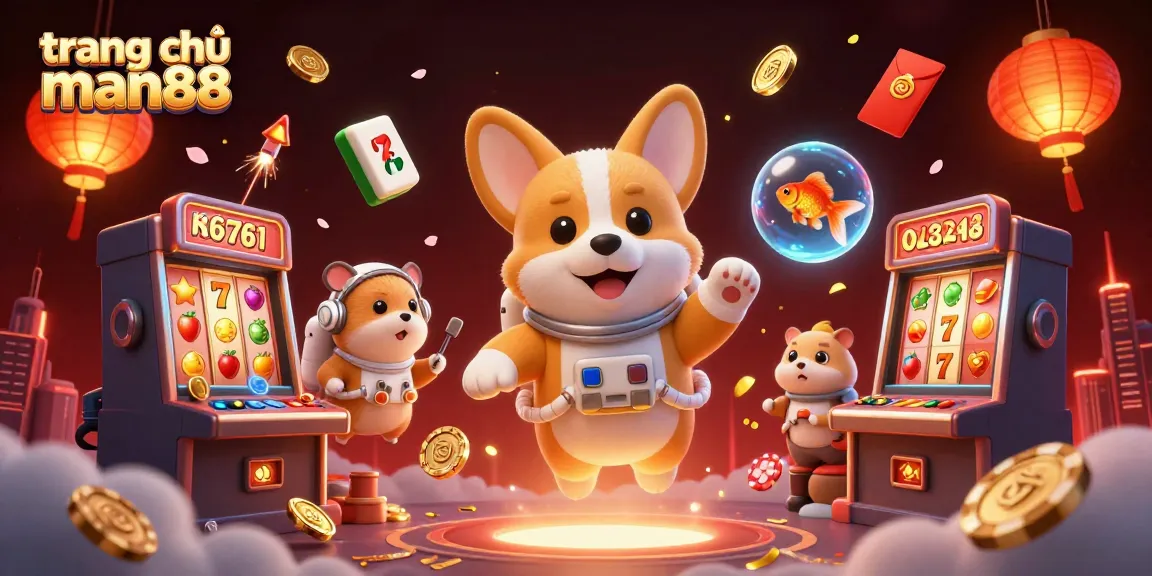 Join the fun at trang chủ man88 with a corgi astronaut and dynamic casino elements in a colorful 3D scene.