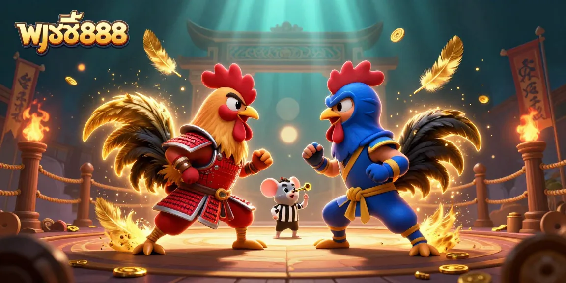 Engage with the epic battles of พุซซี่888 in a dynamic 3D illustration featuring samurai and ninja roosters.