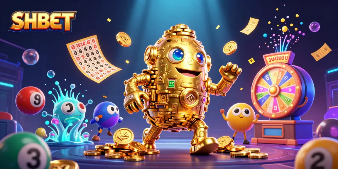 Place bets at SHBET with a vibrant 3D illustration of golden games and colorful elements.