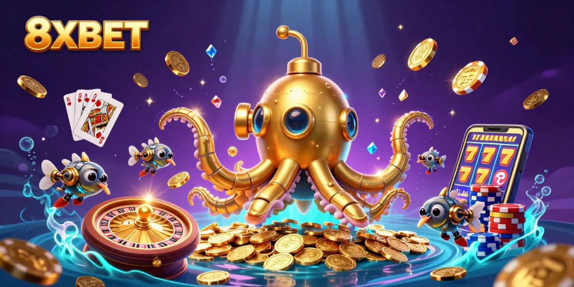 Engage with 8XBET's vibrant 3D casino world featuring a golden kraken submerged in riches.