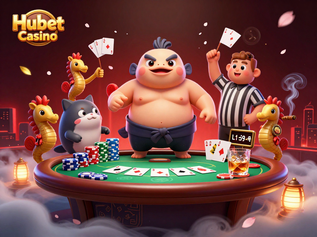 Engage with the vibrant world of Hubet Casino through a dynamic 3D illustration featuring game elements and characters in action.