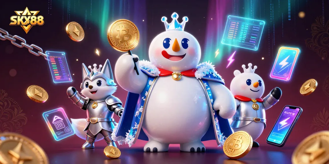 SKY88 brings excitement with a polar bear and snow fox amid Bitcoin and Ethereum coins, representing online gambling.