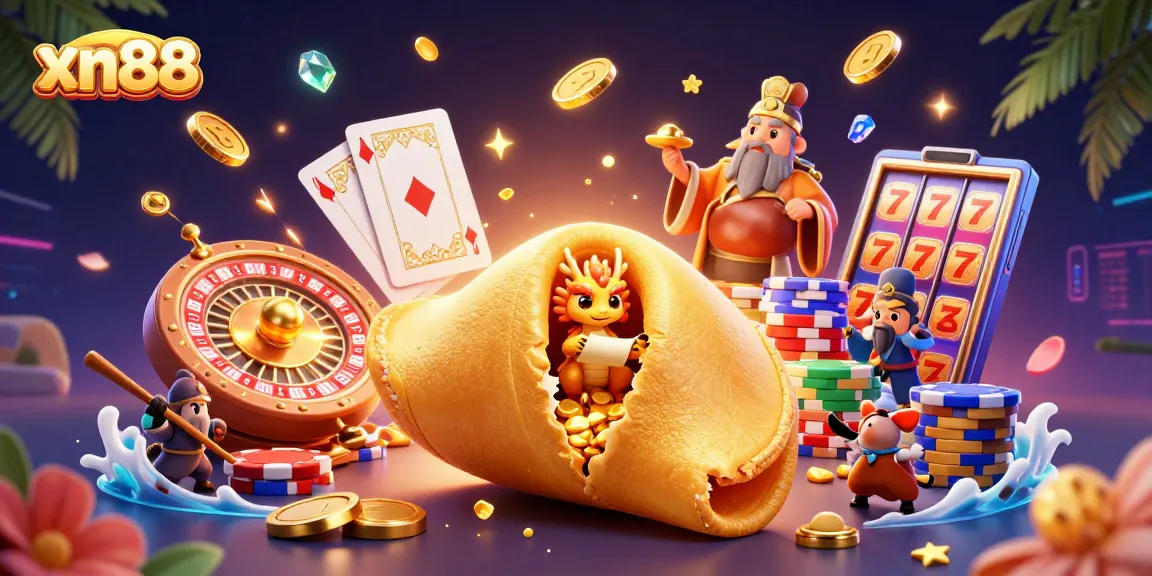 Xn88 offers exhilarating gameplay with a golden fortune cookie, sparkling gems, and festive gaming elements.