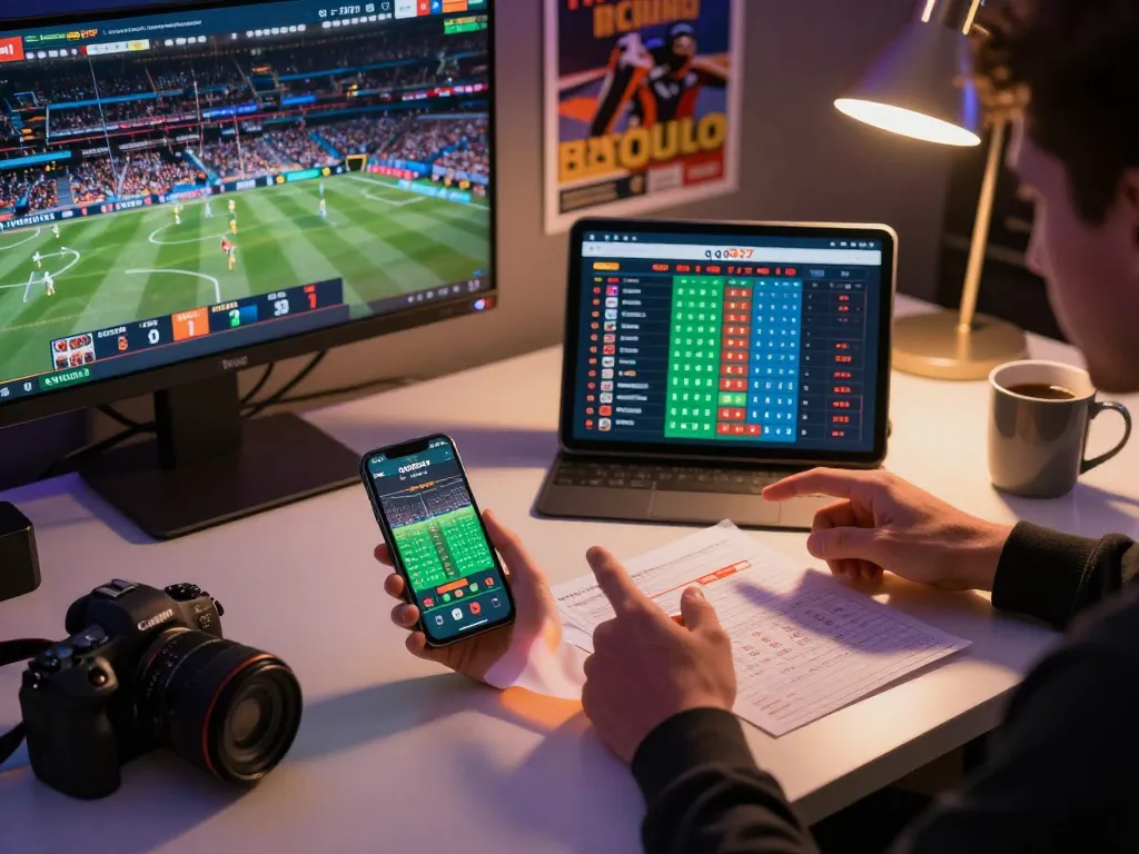 Engaging online sports betting scene showing a user placing bets on qq8827 app with a smartphone and tablet