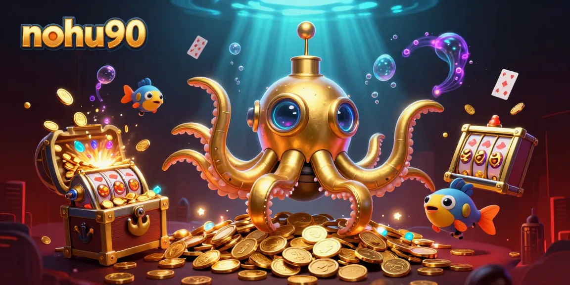 Nohu90 casino gaming scene featuring a golden kraken submarine, slot reels, and treasures to attract players.