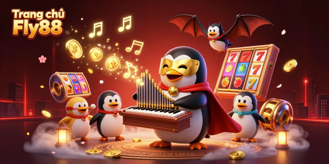 Experience thrilling action at Trang chủ Fly88 with a fancy penguin and golden coins in a vibrant casino scene.