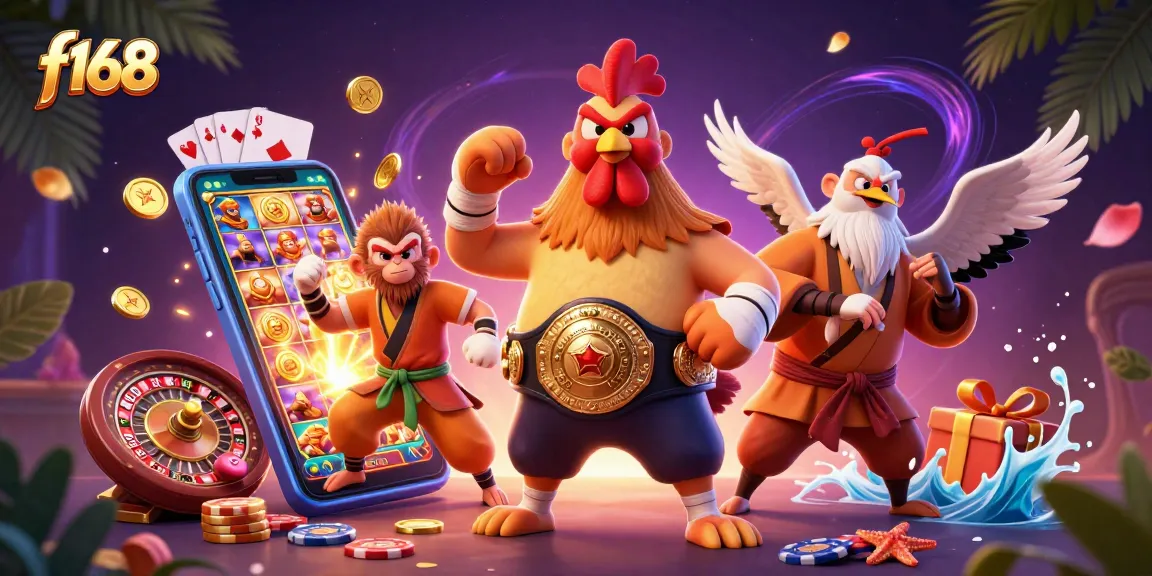 Engage in thrilling games at f168 with a lively scene featuring dynamic characters and casino elements.