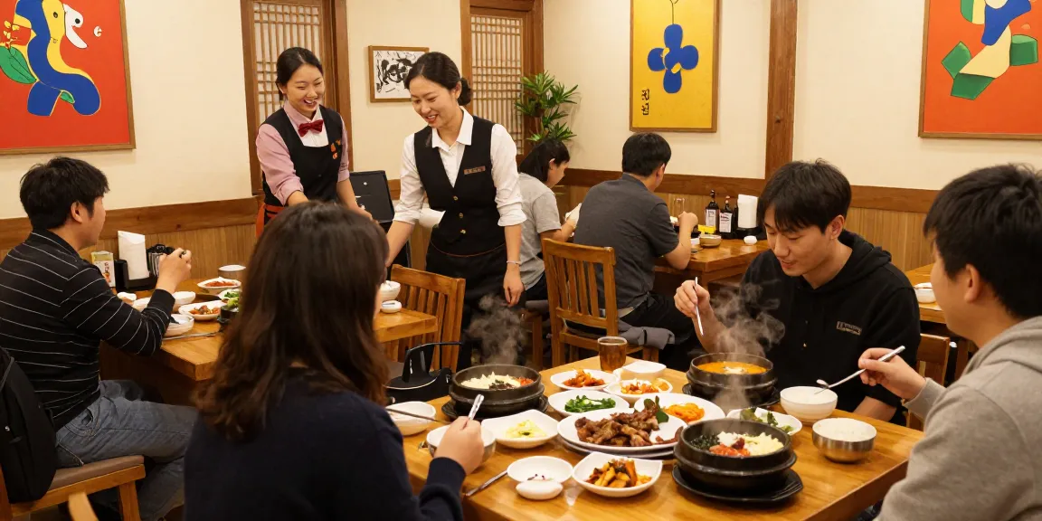 Experience 상봉동 한국관 with diners enjoying authentic Korean cuisine in a cozy dining environment.
