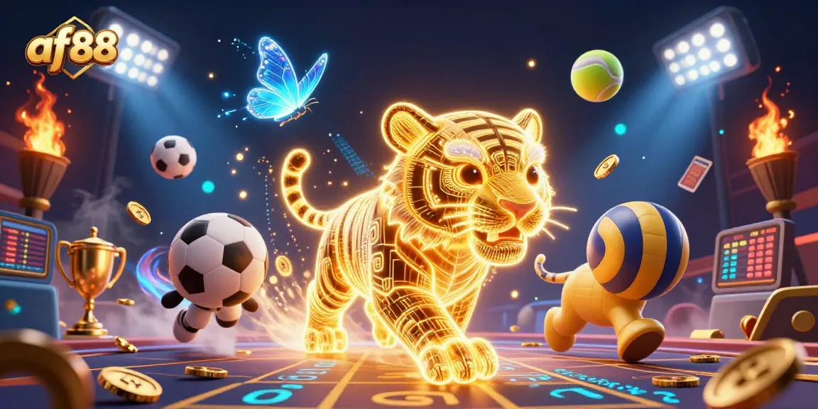 Bet on exhilarating action at af88 with a golden tiger amidst sports elements and vibrant 3D casino vibes.