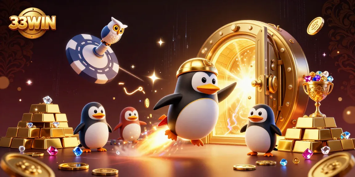 33WIN promotes excitement as a golden penguin blasts into a casino adventure filled with treasures.