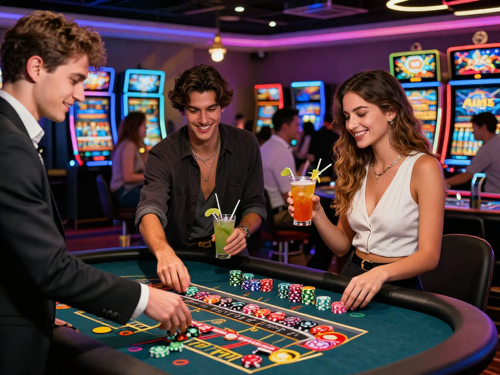 Scene di un casinò non AAMS con coppia giovane che si diverte, vivace atmosfera e interazioni conviviali.