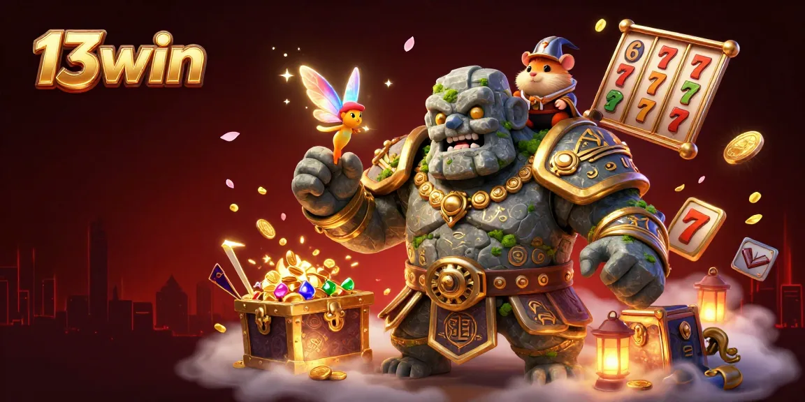 Engage with 13win’s vibrant casino experience featuring a magical scene with treasures and animated characters.