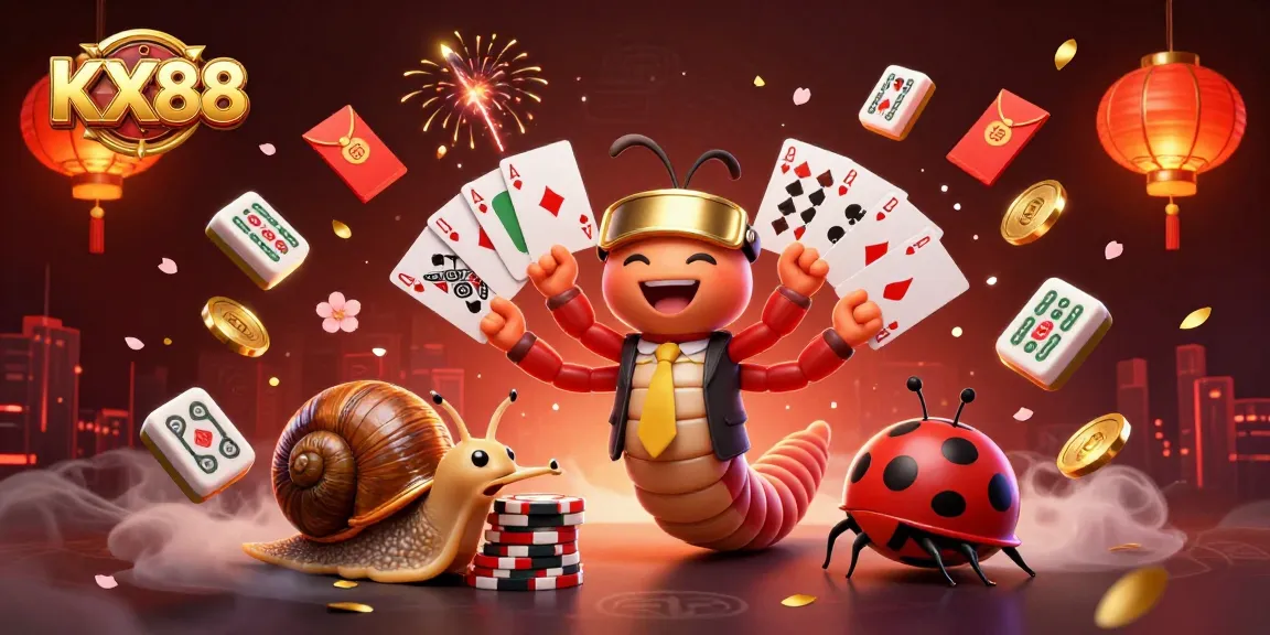 KX88 features a lively cartoon scene with a millipede dealer, snail high-roller, and pill bug in a dynamic casino atmosphere.