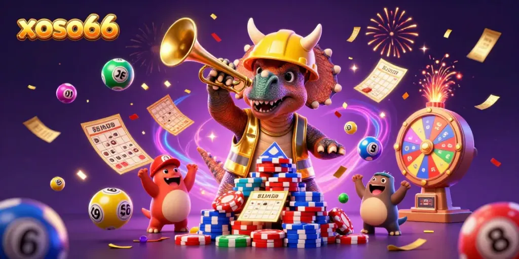 Experience the excitement of xoso66 as a triceratops builds a pyramid of poker chips amidst vibrant lottery elements.