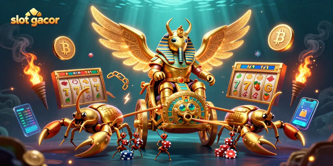 Engage with slot gacor excitement in a vibrant scene featuring a golden beetle chariot, scorpions, and poker chips.