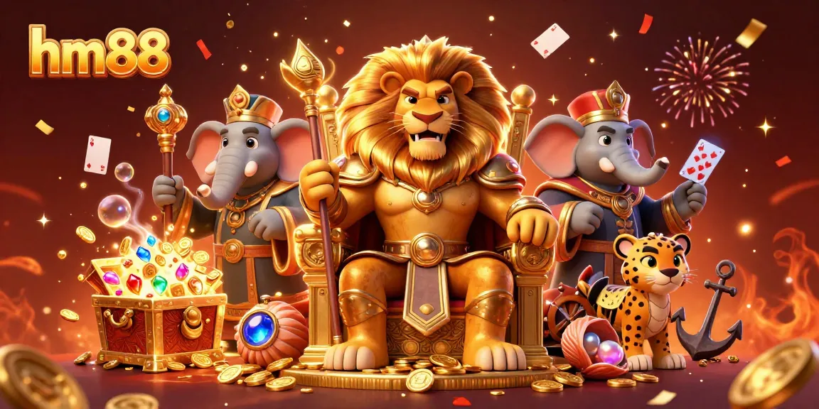 Engage with the thrilling world of hm88, featuring a fierce lion king on a throne surrounded by symbols of fortune.