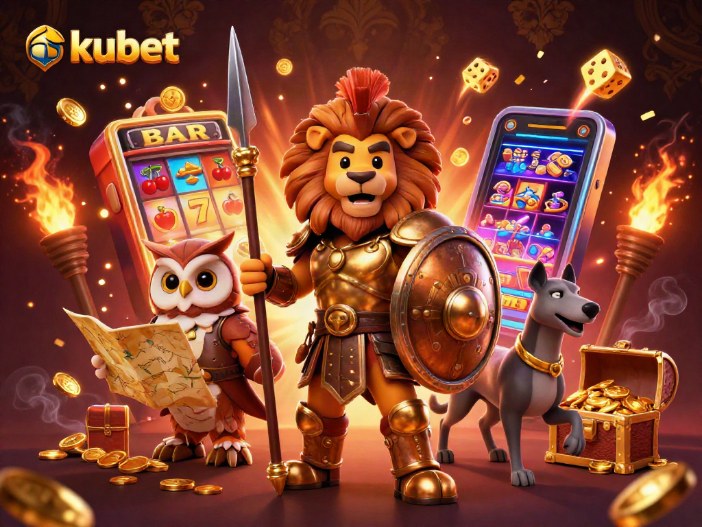Engage with kubet's immersive gaming experience featuring a heroic lion and dynamic casino elements.