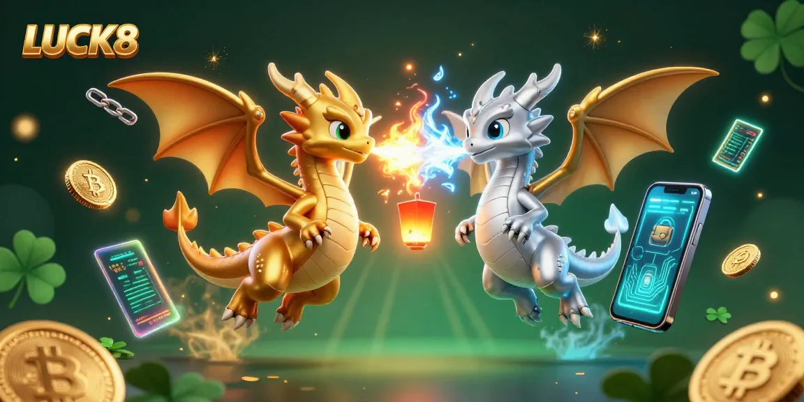 Experience LUCK8 with exhilarating dragon battles amidst glowing crypto coins and casino excitement.
