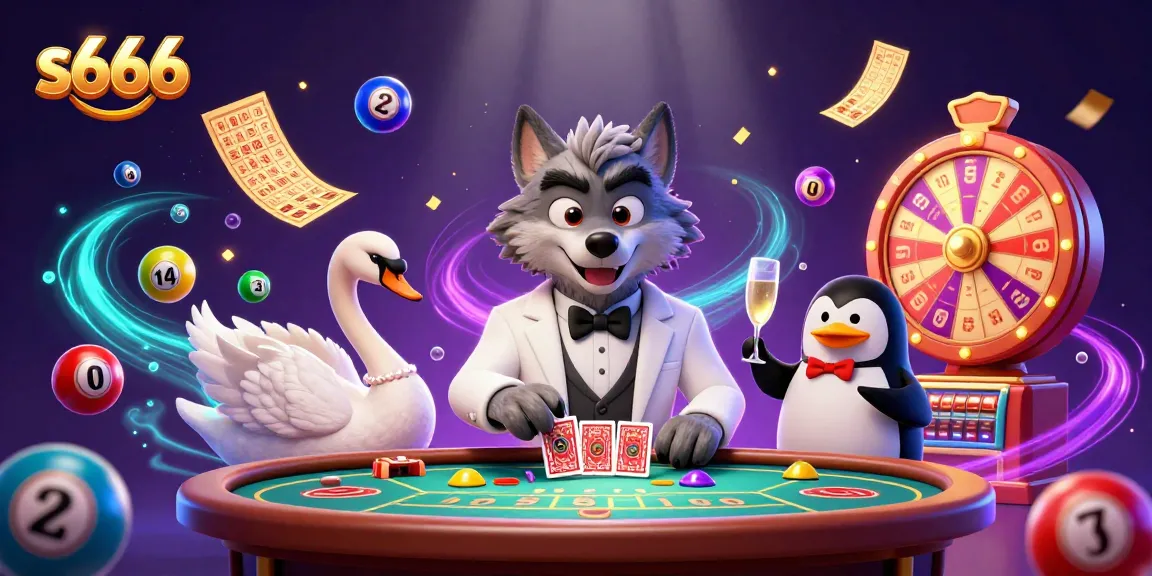 S666's dynamic baccarat scene featuring a charming wolf, elegant swan, and classy penguin with captivating elements.