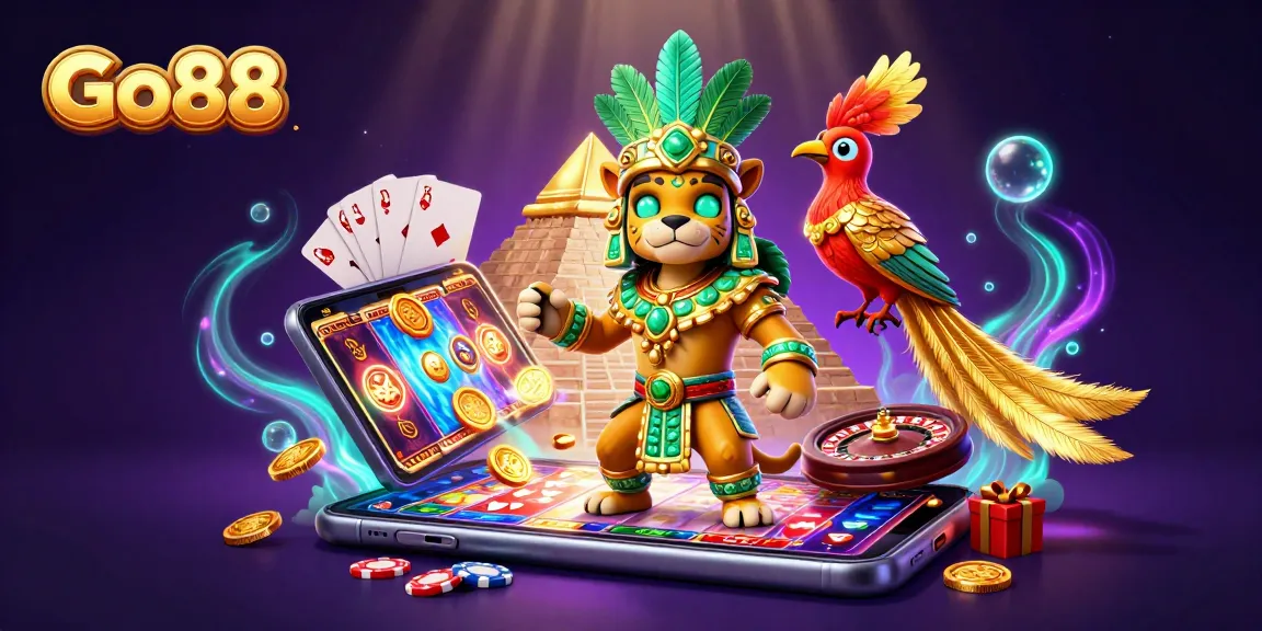 Experience the thrill of Go88 with dynamic gaming elements exploding around a vibrant casino scene.