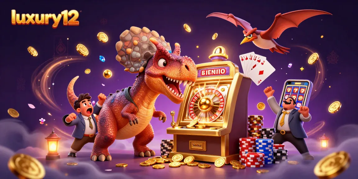 luxury12 features a busy casino scene with animated dinosaurs and slot machines in action