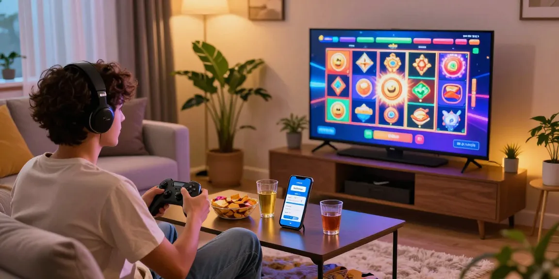 Excited player enjoying deposit pulsa tanpa potongan gaming experience in a cozy living room.