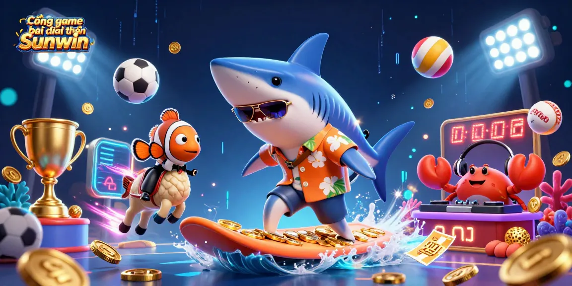 Cổng game bài đổi thưởng Sunwin features a vibrant casino scene with a shark surfer and engaging game elements.