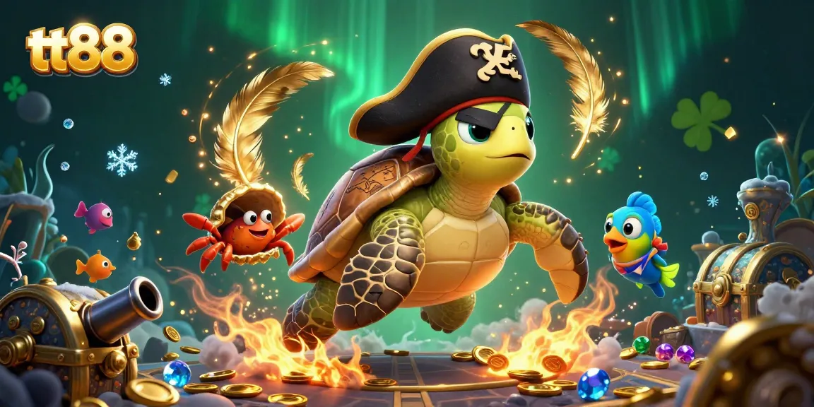 Engage with tt88 as the pirate turtle navigates underwater treasures in a vibrant casino scene.