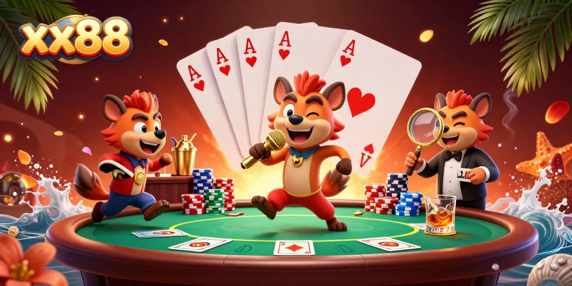 Experience an exciting gambling night at xx88, featuring playful hyenas in a dynamic casino setting.