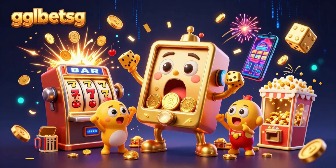 gglbetsg celebrates winning moments with a golden slot machine and cheerful characters surrounded by casino elements.