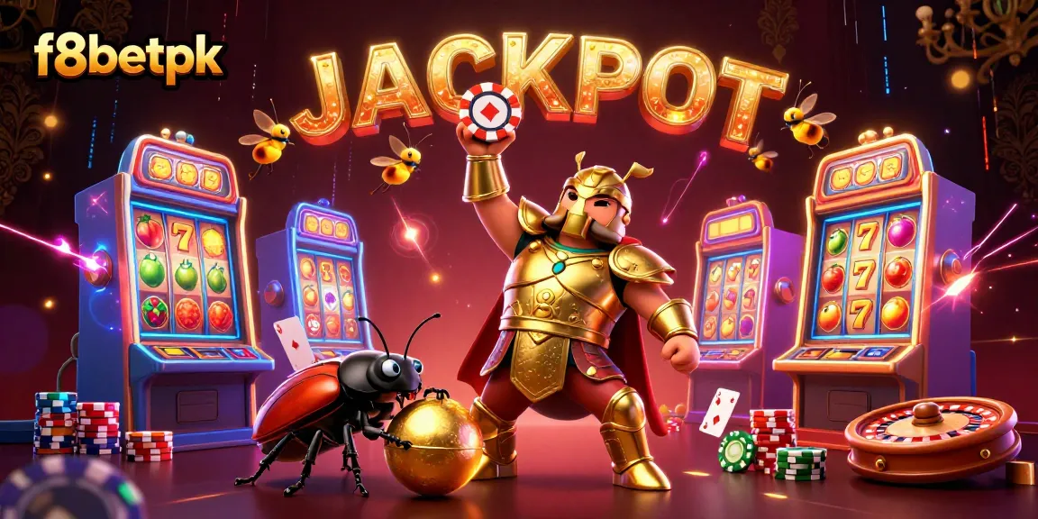 Experience f8betpk's thrilling jackpot chase with a 3D cartoon beetle in a vibrant casino scene.