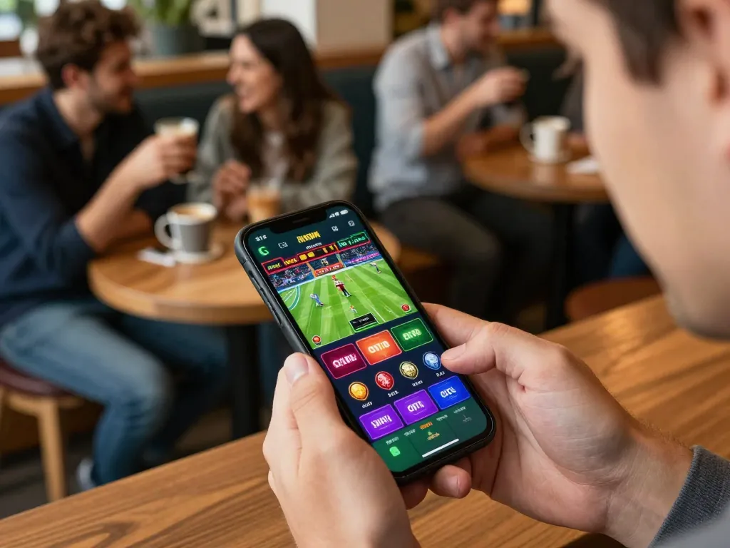 Engaging in sports betting via the SC88 Market app in a cozy coffee shop setting, capturing strategic play and social interaction.