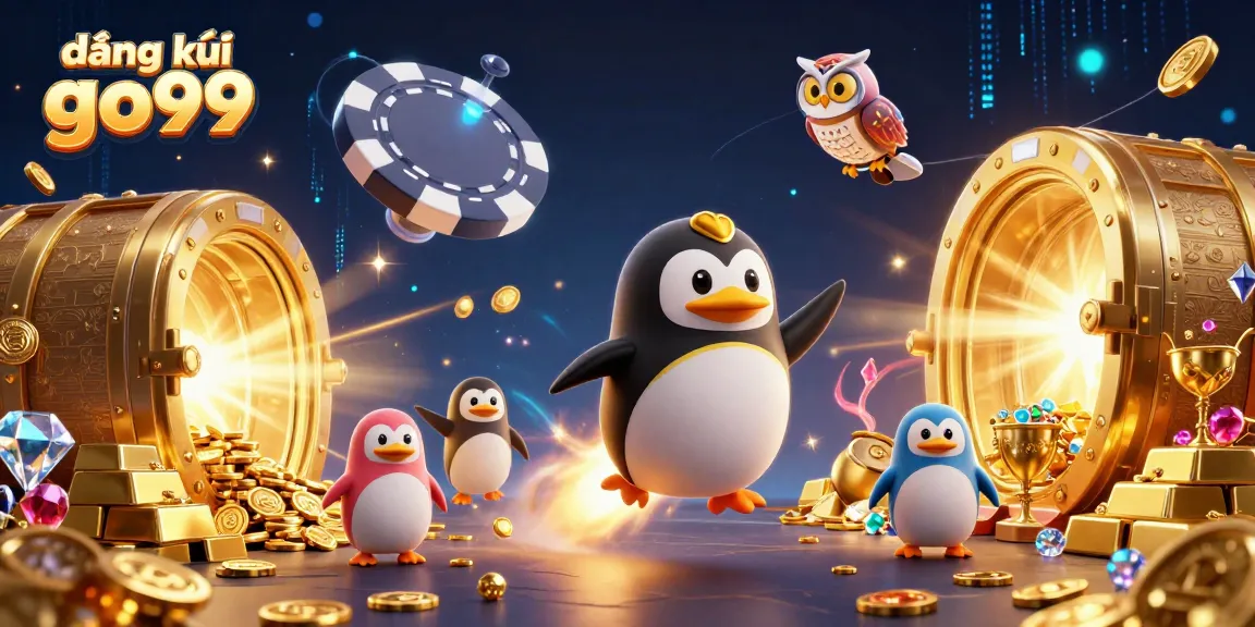 Join the action at đăng ký go99, featuring a golden penguin and a casino spaceship in a dynamic gambling scene.
