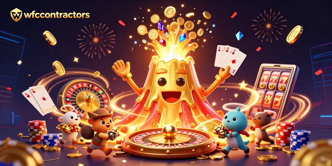 Engage with stunning wfccontractors illustration of a volcanic treasure eruption surrounded by casino elements.