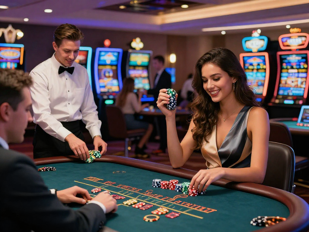 Giocatori felici in un moderno casino non AAMS con tavoli da gioco e macchine da slot illuminate.