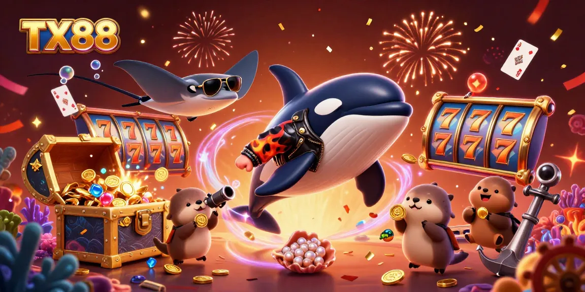 TX88 players celebrating big wins with vibrant casino-themed scene featuring lucky characters and dynamic elements.