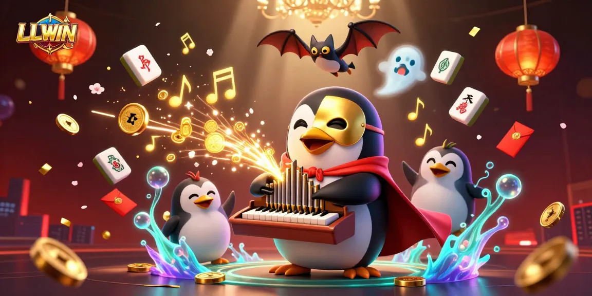 Experience the excitement of LLWIN as the phantom penguin shoots golden coins in a vibrant casino scene.