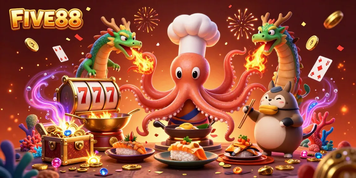 FIVE88 gameplay excitement with cartoon characters in a vibrant casino scene featuring slot reels and gold coins.