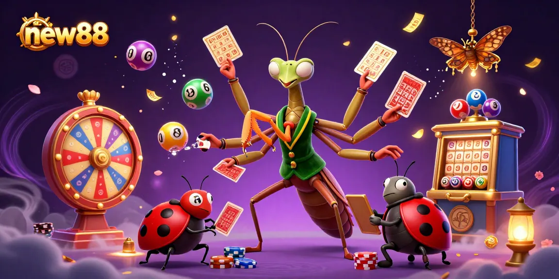 Experience excitement at new88 with a vibrant 3D casino scene featuring characters and lottery elements.