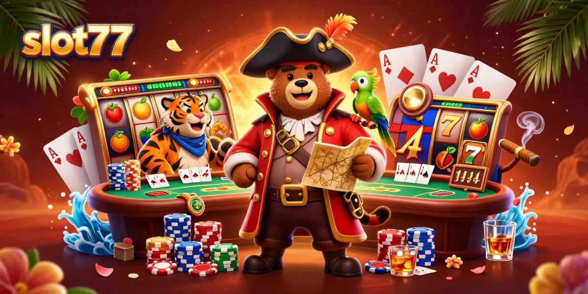 Experience thrilling gameplay with slot77 in this vibrant casino illustration featuring slot reels and pirate fun!
