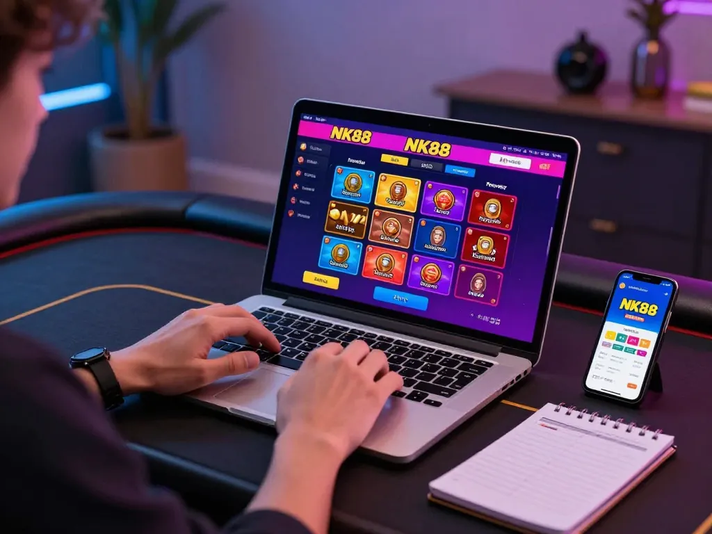 Engaging online gaming session featuring NK88 link on laptop with player strategizing bets.